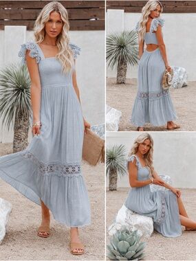 Flawless Overjoyed Pocketed Crochet Lace Maxi Dress in Waterlily Blue Size M